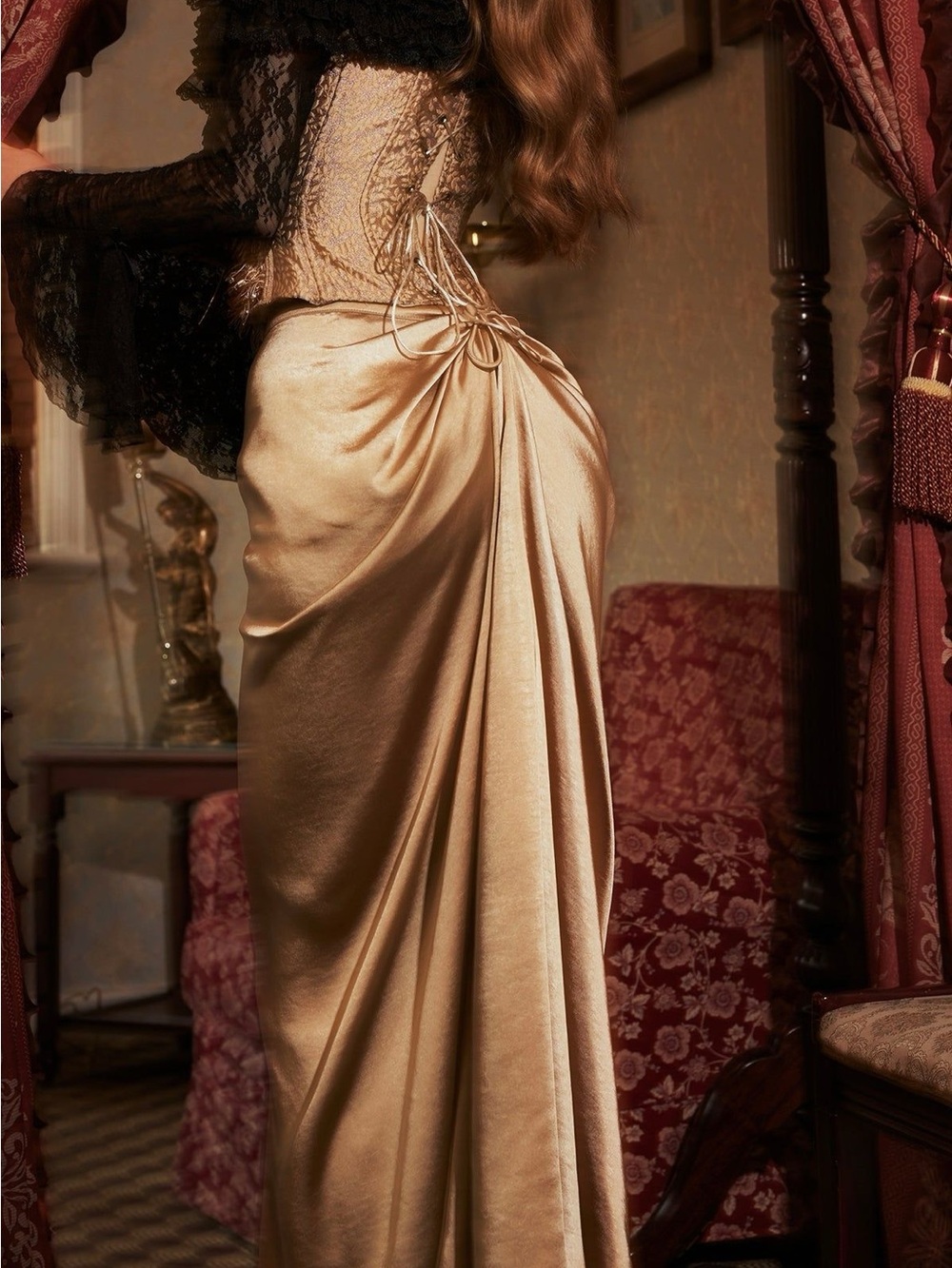 Vintage Victorian Style Satin Maxi Skirt Draped Women’s Skirt